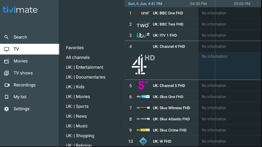 Electronic Program Guide interface for iptv providers on Tivi Live
